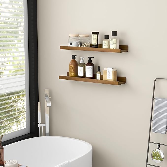 Picture Ledge Shelf for Wall, 24 inch Solid Ash Wood Nursery Book Shelves 2 Packs, Floating Shelves for Kids' Room Bedroom Bathroom Living Room Photo Frames Office Nursey Wall Decor, Walnut