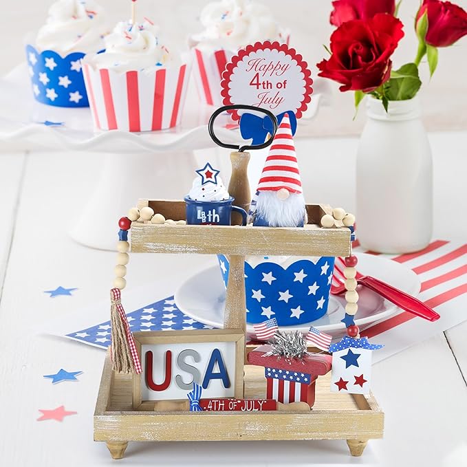 4th of July Decorations, Memorial Day Decorations, Independence Day Patriotic Tiered Tray Decor Set, 6 Pieces Fourth of July Centerpieces for Home Office Table Shelf, Red White and Blue Decorations