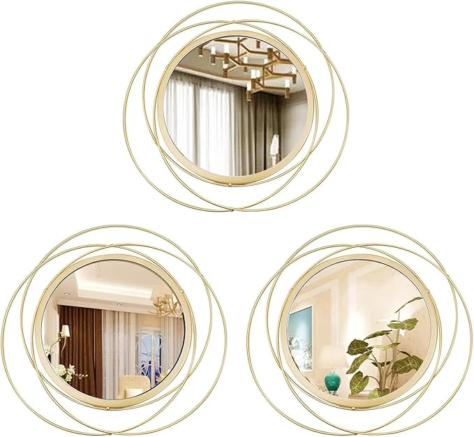 Cityelf 3 Set 13 inch Gold Circle Mirrors Wall Decor Iron Frame Wire Mirror Metal Circular Mirror Home Decor Hanging Mirrors for Room/Bedroom/Bathroom/Entryway