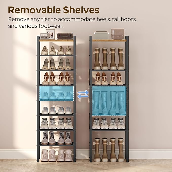 8-Tier Narrow Shoe Rack, Tall Shoe Rack for 8-16 Pairs, Slim Shoe Storage Organizer with Wooden Top, Space Saving, Metal Frame, for Entryway, Rustic Brown and Black SS608BR
