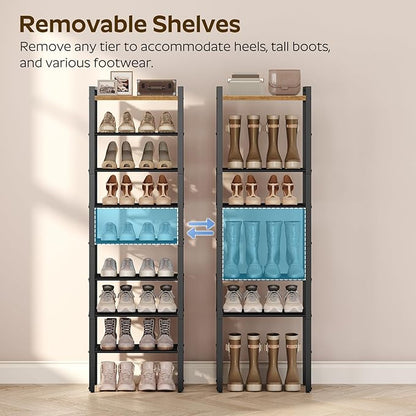 8-Tier Narrow Shoe Rack, Tall Shoe Rack for 8-16 Pairs, Slim Shoe Storage Organizer with Wooden Top, Space Saving, Metal Frame, for Entryway, Rustic Brown and Black SS608BR