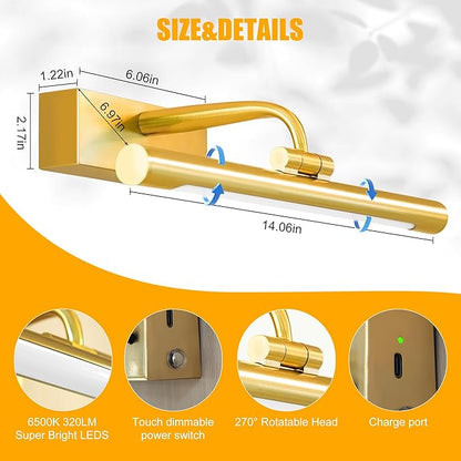 14in Picture Light,Battery Operated Picture Light,Brass,with Remote and Timer,Wall Pictures,Dimmable for Display Photo,Frame,Portrait.