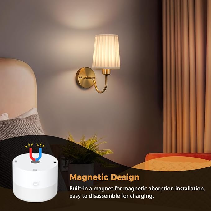 Battery Operated Wall Sconce Set of Two, Wireless Wall Sconces with 10000mAh Dimming Magnetic Bulb, Rechargeable Wall Sconce with Pleated Fabric for Bedroom Living Room Gallery Hallway, Gold