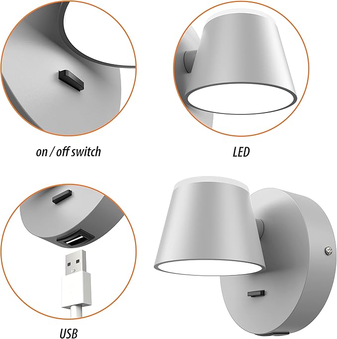 URSOLA Wall Light Set of Two, LED Wall Sconce with On/Off Switch USB Charging Port 110 Volt Hardwired Wall Lamp 350 Rotatable Up Down Sconces Wall Lighting (Grey)