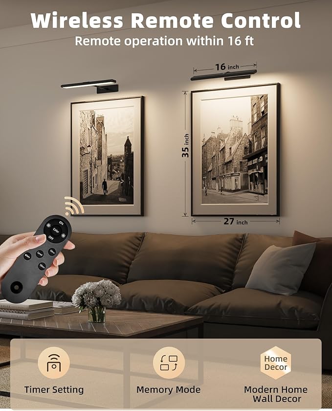 EZVALO Picture Light for Wall, 4800mAh 16'' Rechargeable Wireless with IR Remote Battery Lights for Painting, Dimmable Magnetic LED Art Display Light, Colors Temperatures, for Gallery, Living Room
