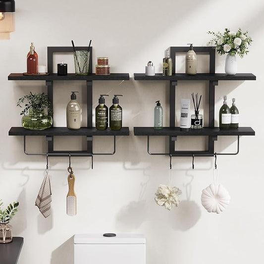 Floating Shelves, 15" Wall Shelf Set of 2, Hanging Bathroom Shelves 2-Tier, Wall Mounted Storage Shelves, for Living Room Bedroom Bathroom Kitchen Office Coffee Bar, Black