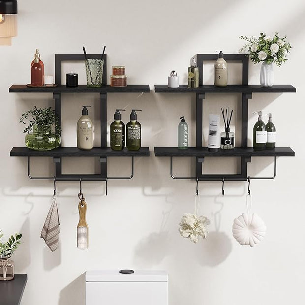 Floating Shelves, 15" Wall Shelf Set of 2, Hanging Bathroom Shelves 2-Tier, Wall Mounted Storage Shelves, for Living Room Bedroom Bathroom Kitchen Office Coffee Bar, Black
