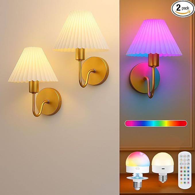 Cordless Wall Sconces Set of 2 with Remote — Gold Pleated Shades Cordless Rechargeable E26 Bulbs, 12 RGB Colors + 3000K/4000K/6000K, Dimmable Wall Mounted Lamps for Bedroom Living Room Hallway