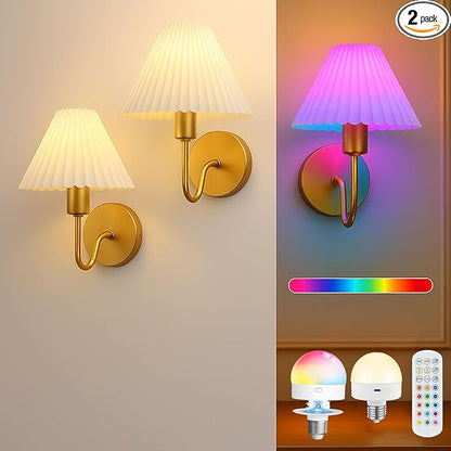 Cordless Wall Sconces Set of 2 with Remote — Gold Pleated Shades Cordless Rechargeable E26 Bulbs, 12 RGB Colors + 3000K/4000K/6000K, Dimmable Wall Mounted Lamps for Bedroom Living Room Hallway