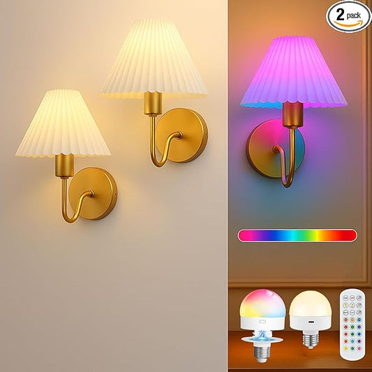Cordless Wall Sconces Set of 2 with Remote — Gold Pleated Shades Cordless Rechargeable E26 Bulbs, 12 RGB Colors + 3000K/4000K/6000K, Dimmable Wall Mounted Lamps for Bedroom Living Room Hallway