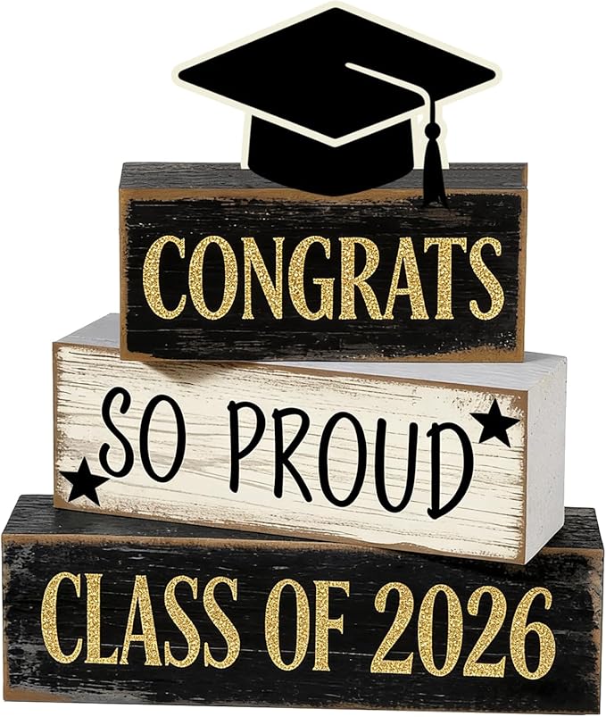 2026 Graduation Table Decorations Class of 2026 Senior Tiered Tray Decor Wooden Cap Block Signs Farmhouse Congrats Grad Tabletop Party Centerpiece for Tables Wooden Sign for Home Decor