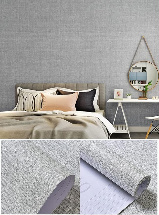 Fabric Peel and Stick Wallpaper Gray Faux Grasscloth Wallpaper Self-Adhesive Linen Wallpapers 17.8” x 197” Removable Wall Paper Embossed Textured Contact Paper Decoration Backsplash Countertop Liners