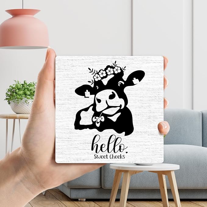Hello Sweet Cheeks Bathroom Sign With Iron Support, Home Toilet Desk Bathroom Decor Wood Sign Restroom Bath Shelf Cow Decor Farmhouse Housewarming Gifts Table Centerpiece - (a014)
