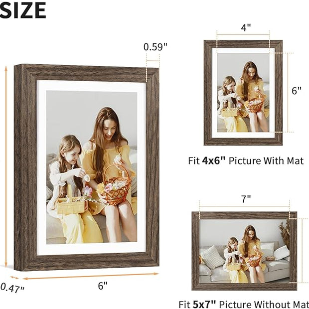 ATOBART 5x7 Picture Frame Set of 4, Displays 4x6 with Mat or 5x7 Without Mat, Photo Frames for Wall Hanging or Tabletop, Includes HD Plexiglass, Brown