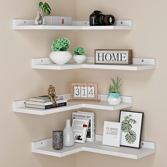 4 Tier Floating Corner Shelves White Set of 4, Rustic Pine Wooden Floating Corner Wall Shelf for Wall Décor Storage, L Shaped Corner Shelf Wall Mount for Bedroom, Living Room, Bathroom, Kitchen