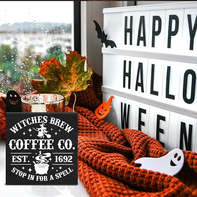 Witch Sign Witches Brew Coffee Wooden Sign Witchy Halloween Decor Gothic Magic Decorations for Home Kitchen Coffee Bar Shelf 5 X 5 Inches