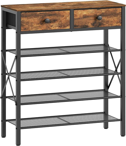 5 Tier Shoe Rack, Large Capacity Shoe Storage Organizer, Metal Shoe Shelf with Drawer and Wooden Top, for 20 Pairs of Shoes, for Entryway, Closet, Rustic Brown and Black SS25BRY1N1