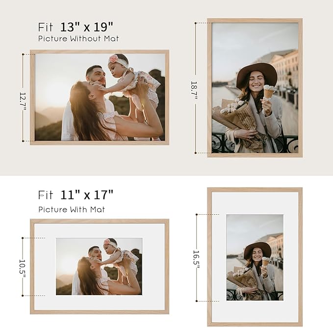 puthiac 13x19 Solid Oak Wood Picture Frame, Fits 11x17 with Mat or 13x19 Without Mat, Wall Display Only, Vertical or Horizontal, Plexi Front, 1 Pack, Natural Oak