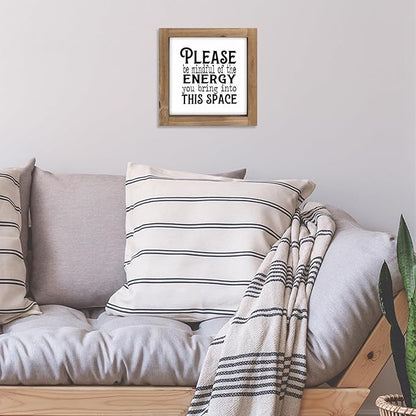 Please Be Mindful of The Energy You Bring Sign, 6" Wooden Positive Affirmations Desk Decor, Motivational Office Wall Art Inspirational Quote for Table Shelf Rustic Farmhouse Home Decorations