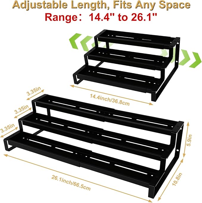 3-Tier Spice Rack Organizer for Cabinet, Expandable Kitchen Organizer 14.4 to 26.1 Inch Seasoning & Pantry Organizer for Countertop, Metal Non-Skid Step Storage Shelf for Condiments, Oils, Cans, Jars