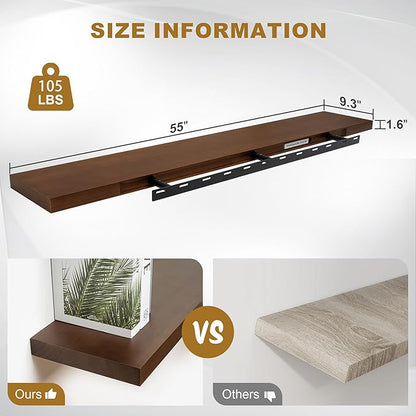 Fun Memories Floating Shelves, 9.3 Inch Deep Solid Pine Wood Wall Shelves for Storage, Rustic Wall Mounted Display Shelf with Invisible Heavy-Duty Metal Bracket, 55 Inch Width, Walnut