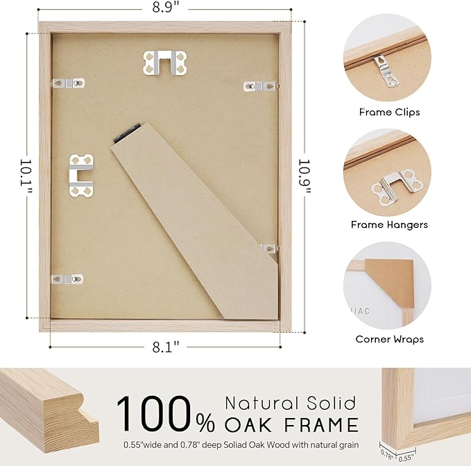 puthiac 8x10 Solid Oak Wood Picture Frame, Fits 6x8 with Mat or 8x10 Without Mat, Wall or Tabletop Display with Stand, Vertical or Horizontal, Plexi Front, 3 Pack, Natural Oak