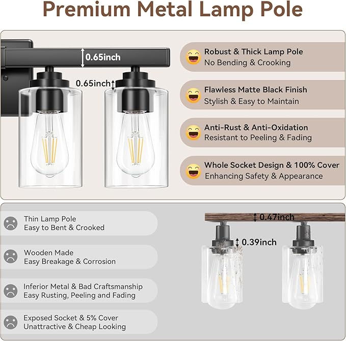 VerRon 4 Lights Bathroom Light Fixtures, Matte Black Modern Vanity Lights Over Mirror with Clear Glass Shades, Bathroom Wall Sconce for Mirror Living Room Cabinet Bedroom Porch