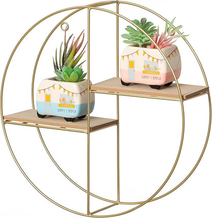 Vintiquewise Elegant 2-Tier Decorative Floating Circular Silhouette Wall Shelf - Circular Metal and Wood Wall-Mounted Shelf for Entryway, Bathroom, Bedroom, and Living Room Decor, Gold Finish