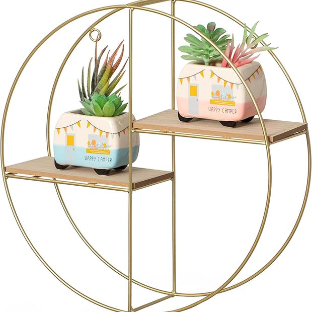 Vintiquewise Elegant 2-Tier Decorative Floating Circular Silhouette Wall Shelf - Circular Metal and Wood Wall-Mounted Shelf for Entryway, Bathroom, Bedroom, and Living Room Decor, Gold Finish