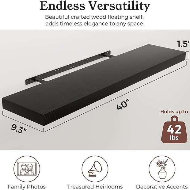 Floating Shelves for Wall, 9.3" Deep Wall Mounted Wood Shelves for Bathroom, Bedroom, Living Room, Kitchen, Hanging Shelf for Books/Storage/Room Decor (Black, 40")