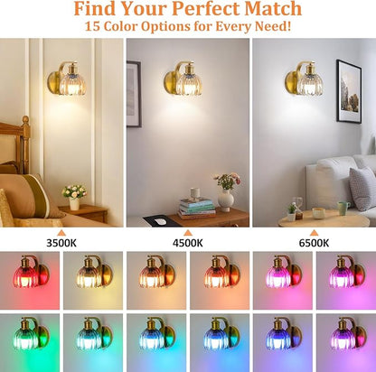 VerRon Rechargeable Battery Operated Wall Sconce Set of Two with Amber Glass Lampshade, Wireless Wall Scone Decor with Remote Control, 15 Colors Gold Wall Light for Bedside Hallway Bedroom Doorway