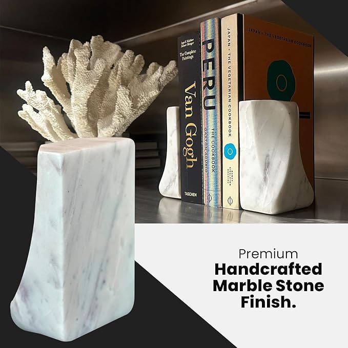 USIA White Marble Bookends - Heavy Duty 9.8 lbs Stone Book Ends for Shelves, Modern Decorative Book Holder Set of 2 - Premium Handmade Marble Book Ends for Office, Library, or Home Decor