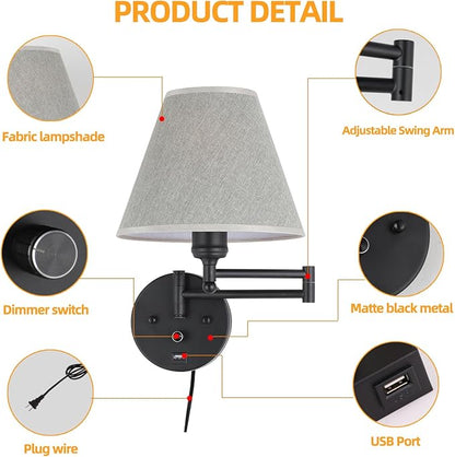 Swing Arm Wall Lamp.Wall Mount lamp with Dimmable Switch.Plug in Wall Sconces with USB Charging Port. Black Sconces Wall Lighting Suitable for Bedroom,Living Room.