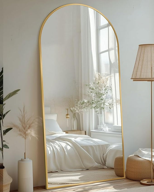 Full Length Mirror with Stand, 71"x28" Arched Full Body Large Stand Up Aluminum Frame Floor Standing Mirror, Freestanding Hanging Leaning Mounted for Bedroom Living Room Entryway Gold