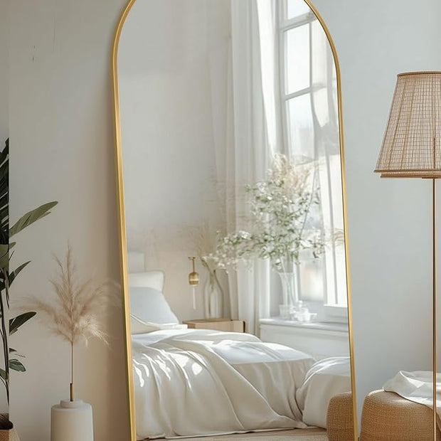 Full Length Mirror with Stand, 71"x28" Arched Full Body Large Stand Up Aluminum Frame Floor Standing Mirror, Freestanding Hanging Leaning Mounted for Bedroom Living Room Entryway Gold