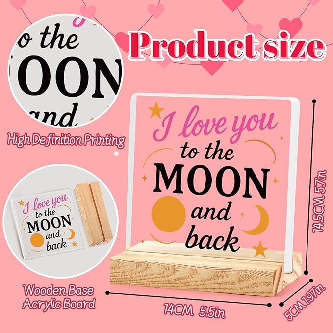 Valentines Desk Decor, Happy Valentine's Day Home Office Table Sign for Porch Tiered Tray Shelf Party, Rustic Romantic Acrylic Gifts Decorations for Him Her Wife,I Love You to The Moon And Back