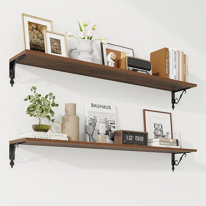 RICHFOCUS Floating Shelves for Wall Decor, 47.3W x 8D Shelves Set of 2, 8 Inch Deep Rustic Wood Shelves Wall Mounted with Brackets, Long Floating Shelves for Living Room Bedroom Kitchen, Walnut