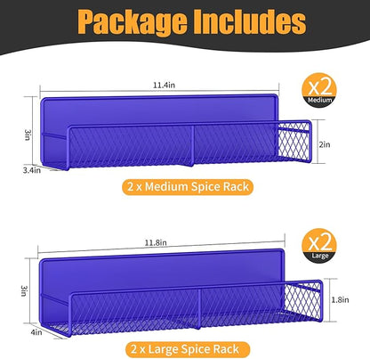 Magnetic Spice Rack for Refrigerator, 4 Pack 100% Metal Strong Magnet Fridge Shelves, Space Saving Spice Organizer, No Drilling Home Kitchen Laundry Room Storage Organization, Purple Blue