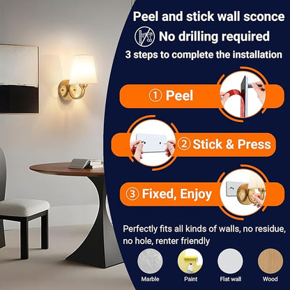 Peel and Stick Wall Sconces, No Drilling Stick On Wall Sconce, Wireless Battery Operated Wall Lights, Adhesive Wall Lamp with 10000mAh Battery Bulb for Bedroom Living Room Decor