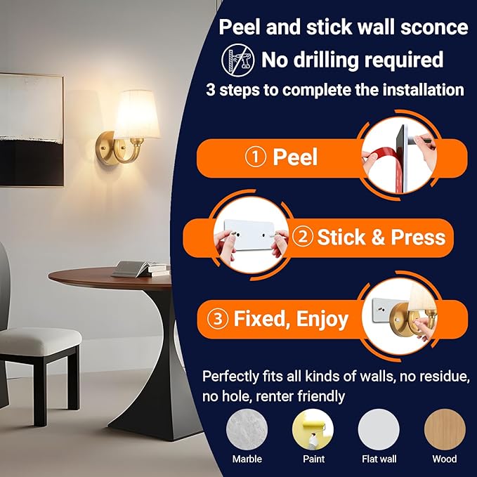 Peel and Stick Wall Sconces, No Drilling Stick On Wall Sconce, Wireless Battery Operated Wall Lights, Adhesive Wall Lamp with 10000mAh Battery Bulb for Bedroom Living Room Decor