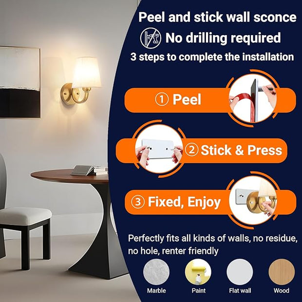 Peel and Stick Wall Sconces, No Drilling Stick On Wall Sconce, Wireless Battery Operated Wall Lights, Adhesive Wall Lamp with 10000mAh Battery Bulb for Bedroom Living Room Decor