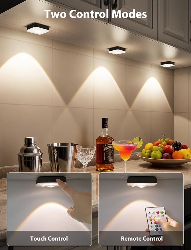 GBEAST 6 Pack Under Cabinet Lighting, Puck Lights with Remote, Motion Sensor Light Indoor, 3 Color Temps & 9 RGB Dimmable Closet Light, Rechargeable Cabinet Lights for Kitchen, Bedroom, Shelf(Black)