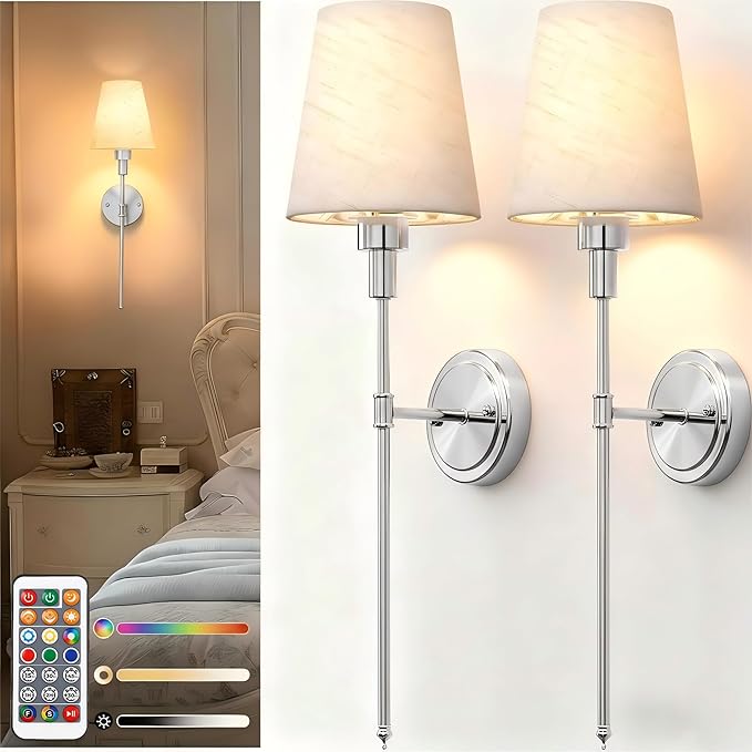 DORESshop Battery Operated Wall Sconce Set of 2, 7 Color Wireless Wall Light Easy to Install, Sconce Wall Decor Set of 2 for Bedroom, Living Room, Fabric Linen Shade, Chrome, 24.6in