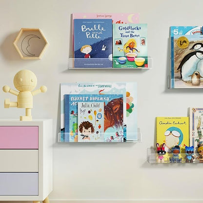 NIUBEE 16.5-Inch Acrylic Floating Bookshelves, 4-Pack, Clear Modern Wall Shelves for Child/Toddler， Invisible Ledge Book Shelves for Multi-Layer or Multi-Room Storage in Kids’ Rooms and Family Spaces