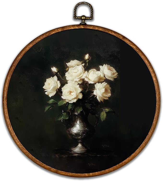 KSDUT Retro Aesthetic White Floral Wall Art Decor - Botanical Neutral Mid Century Modern Dark Wall Art Canvas Frame Hanging Prints, Vintage Landscape Round Wall Art Decor for Home Decorations 10