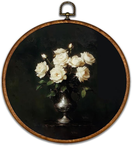 KSDUT Retro Aesthetic White Floral Wall Art Decor - Botanical Neutral Mid Century Modern Dark Wall Art Canvas Frame Hanging Prints, Vintage Landscape Round Wall Art Decor for Home Decorations 10"x10"