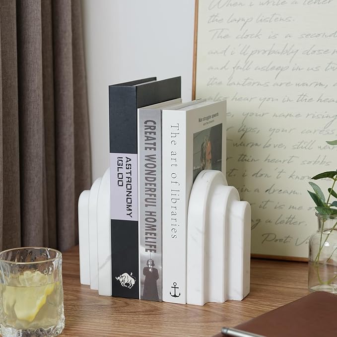 Natural Marble Book Ends - Heavy Duty Bookends for Shelves - Aesthetic Layered Arch Design Stone Book Holders, Decorative Modern Office Bookshelf Stopper Decor for Books/CDs, White
