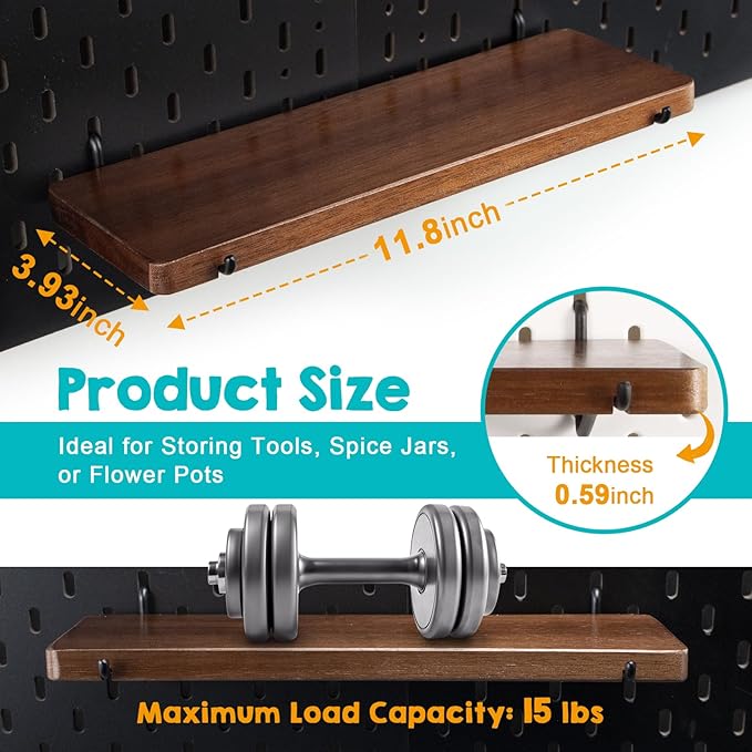 Walnut Color Pegboard Shelf, Pegboard Accessories, Wooden Pegboard Shelves with Pegboard Hooks, Compatible with IKEA Skadis Pegboard
