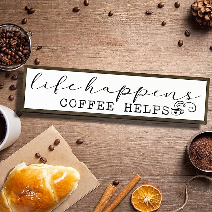 Coffee Wooden Box Sign, Country Farmhouse Decor for Home Kitchen, Coffee Station Wall Decors, Desktop Decor, Coffees Addict Gift, Life Happens Coffee Helps Sign, 17.8x4x1.2 inches