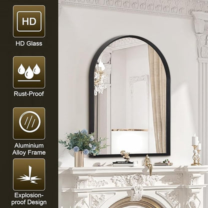 Arched Wall Mirror, 26"x18" Black Arch Mirror, Metal Frame Black Bathroom Mirror, Arched Vanity Mirror for Living Room Bedroom Mantel Entryway